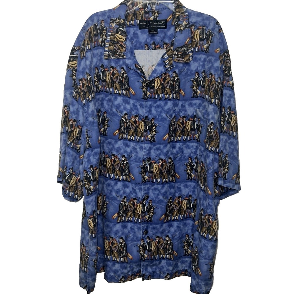 Guy Buffet Silk Golf Shirt Mens XXL Blue Novelty Print Button Up Luxury‎ E30